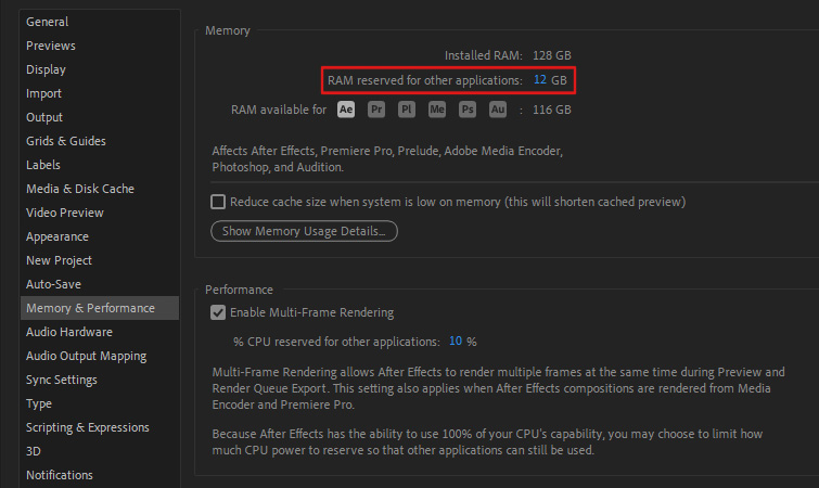 allocate RAM in After Effect 02